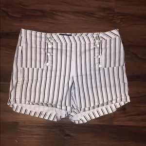White and Navy Pinstripe Highwaisted Shorts